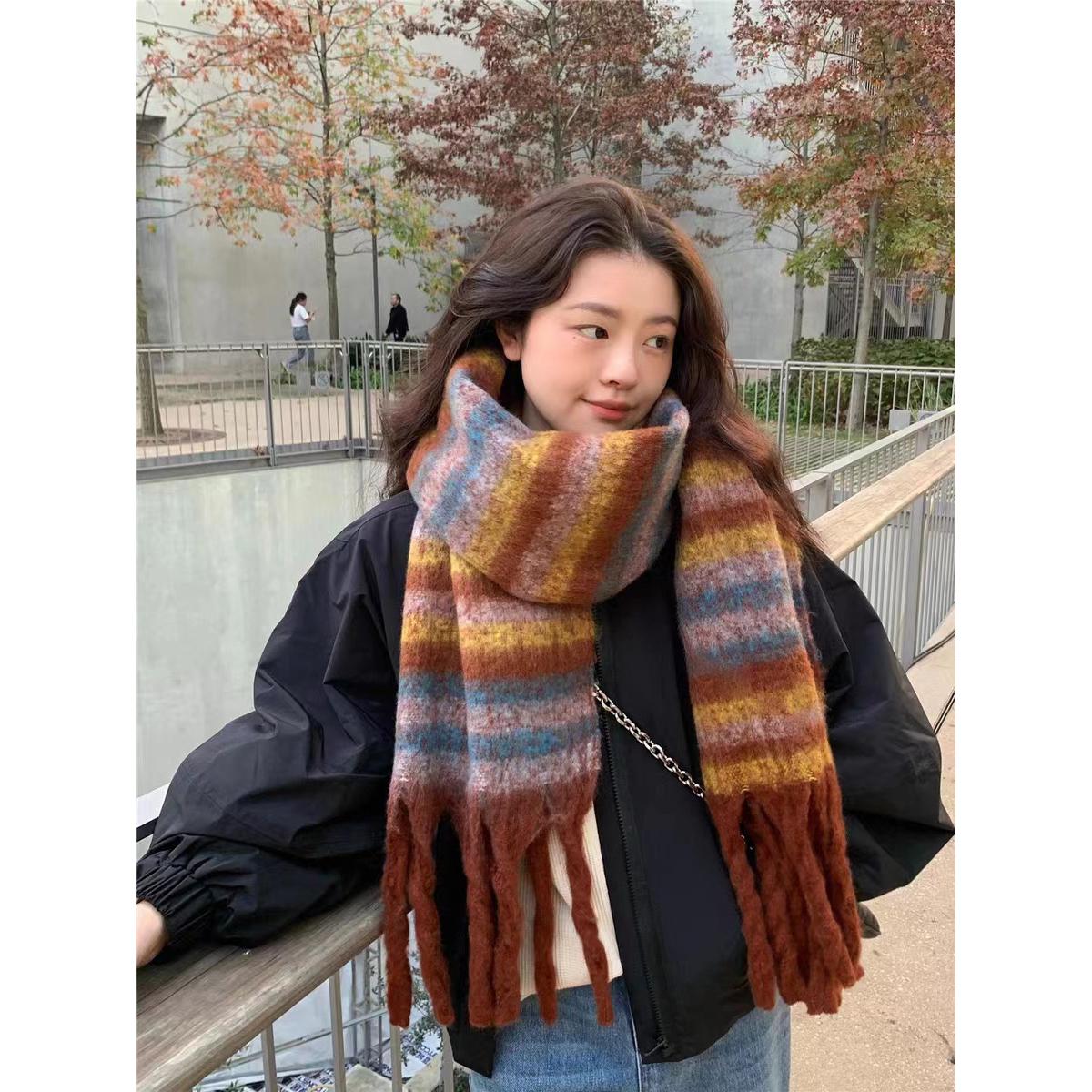 

Осенне-зимний винтажный полосатый шарф для студентов, утолщенный теплый шарф