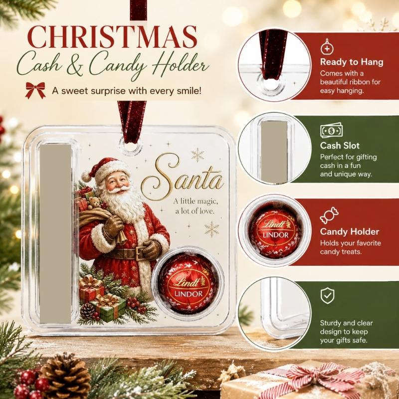 Holiday Cash Gift Ornament, Acrylic Money Pocket with Treat Compartment and Display Loop for Tree Use Gift