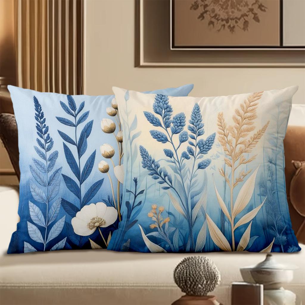 Floral Printed Throw Pillows Blue Beige Decorative Cushions Polyester Pillowcase, Sofa Decorative Cushion Cov Headboard Pillow