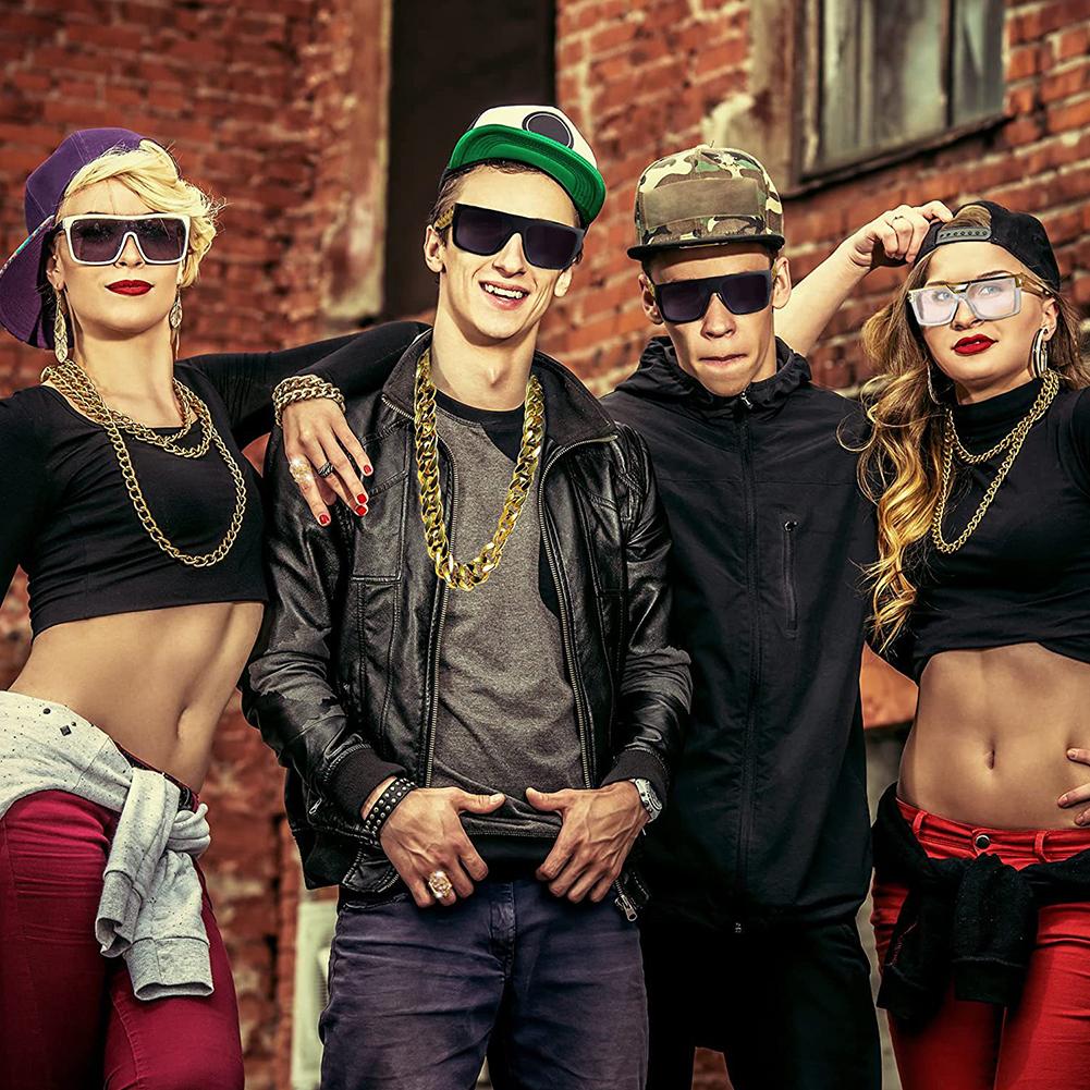 80s 90s Costume Outfit Set Hip-Hop Punk Big Gold Chain Dollar Ring Rock Star Glasses Bracelet Hip Hop Cosplay Dress Costumes Kit