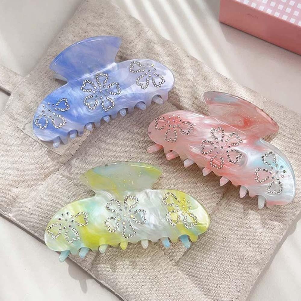 Iridescent Rhinestone-inlay Hair Claw Flower Acrylic Hair Claw Women Shark Clip  Daily