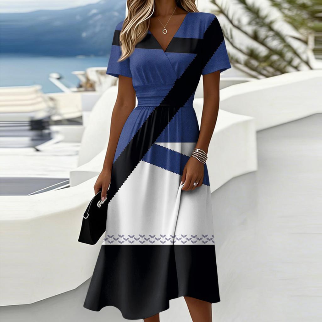 Ladies' Floral Casual Fashionable Short Sleeved V-neck Dress