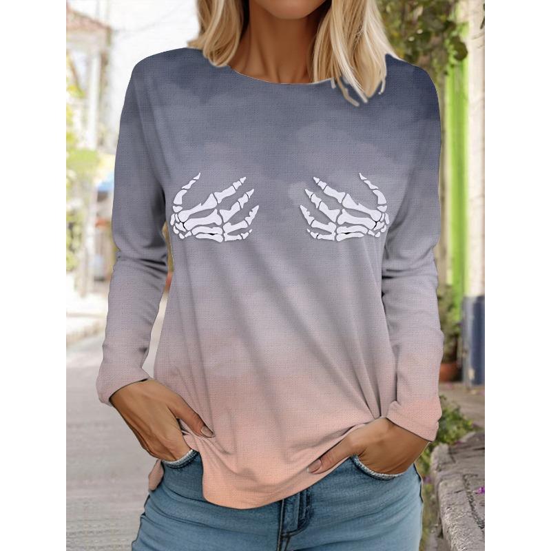 

Skull Hand Printed Pullover Autumn and Winter Casual Long Sleeve Round Neck Sweatshirt Gradient Women s Clothing 3XL