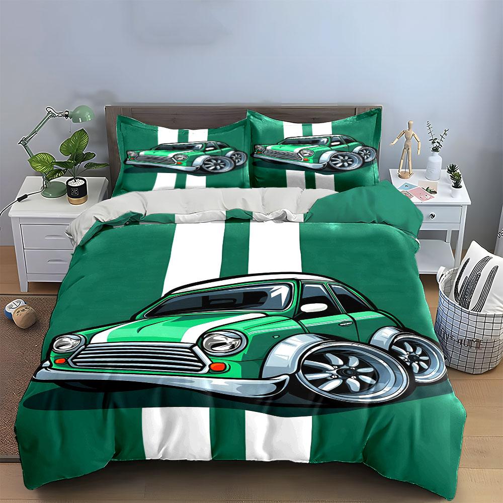 Green car, white stripes. Bedding sets Duvet cover sets Duvet covers Pillowcases(1 * Duvet Cover 2 * Pillowcases without duvet insert)