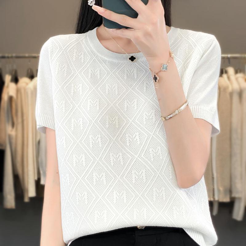 

New Summer Ice Silk Round Neck Sweater for Women Short-sleeved T-shirt Jacquard Loose Versatile Knitted Base Shirt XXL бежевий