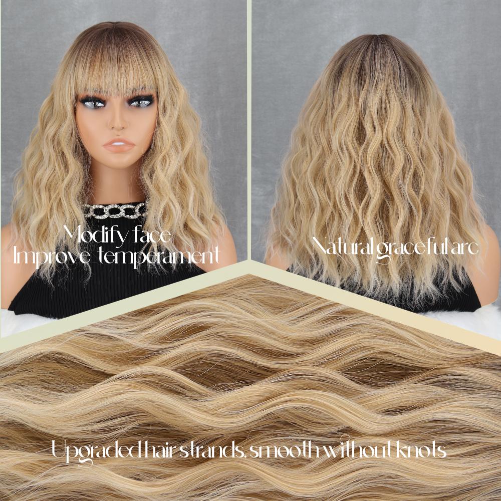 MISS WIG Brown and Light Brown Short Wavy Synthetic Fiber Wigs with Bangs for Women Cosplay Natural Hair Heat Resistant