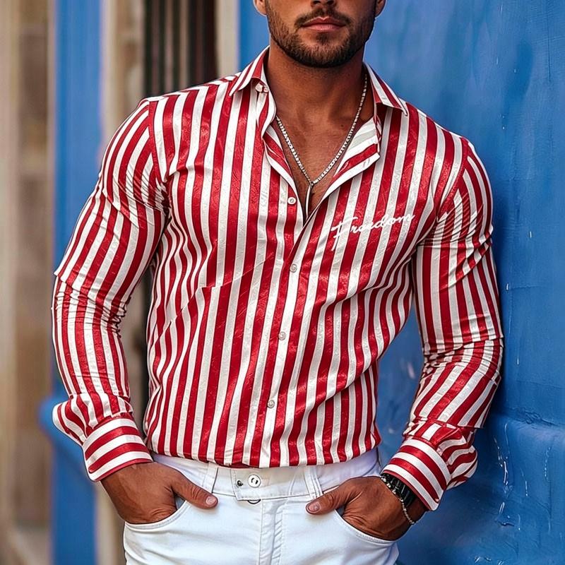 Men's Vertical Striped Long Sleeved Shirt, High-quality Lapel Cardigan, Personalized Letter Printed Casual Men's Top