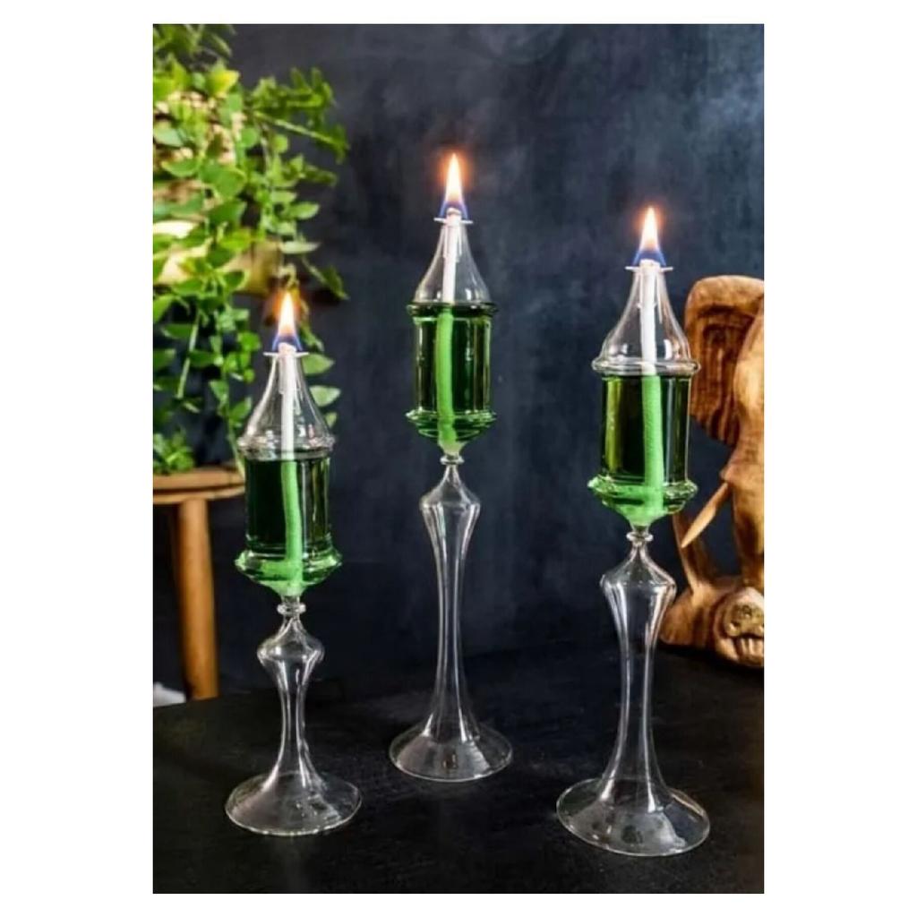 Standing Sapphire Candlestick Glass Oil Lamp Green