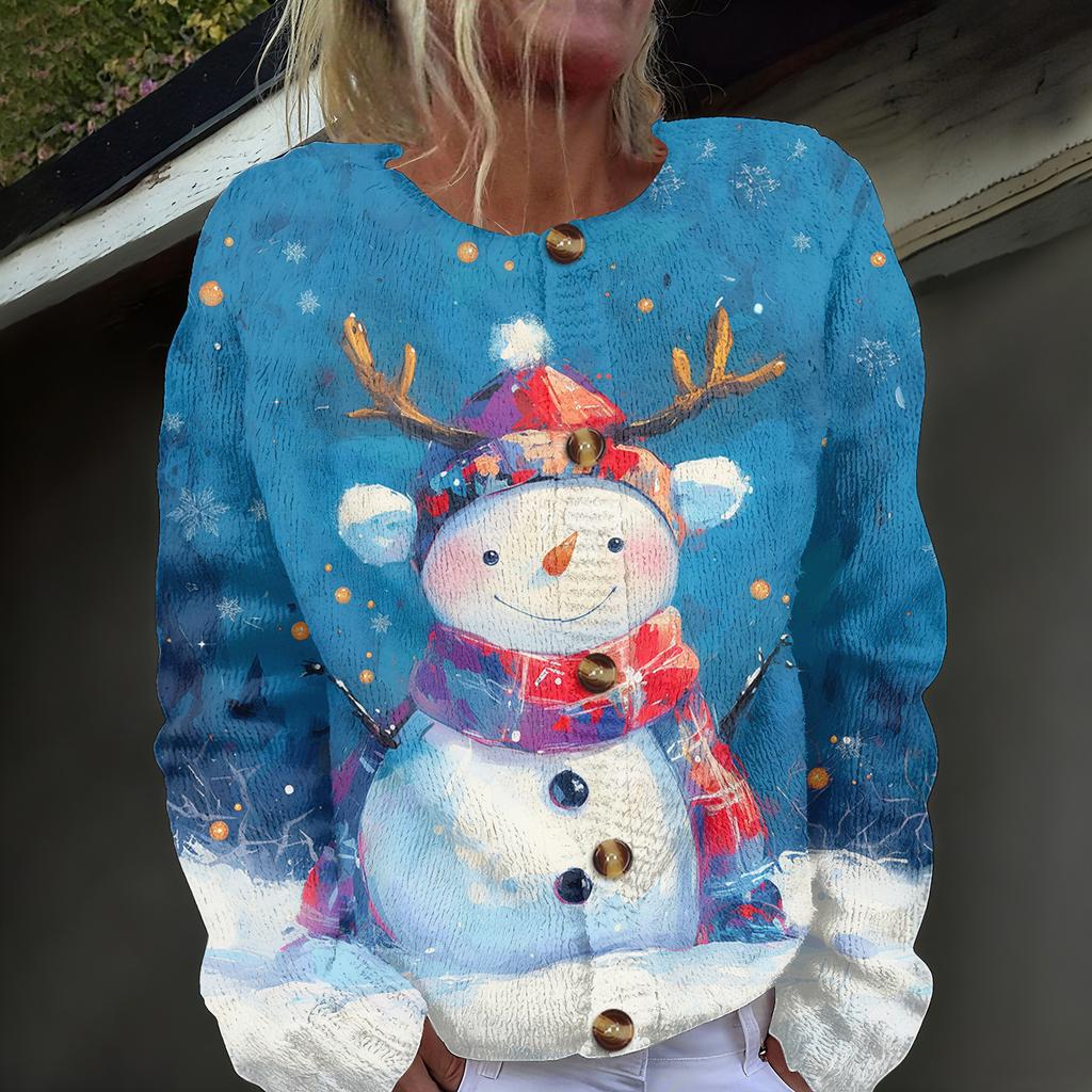 Women's Fashion Christmas Printed Long Sleeve Knitted Cardigan Button Down Jacket