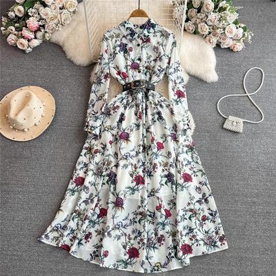 Promi Temperament Langärmeliges Revers Taille Dünnes A-Linien-Shirtkleid mit Print Elegant