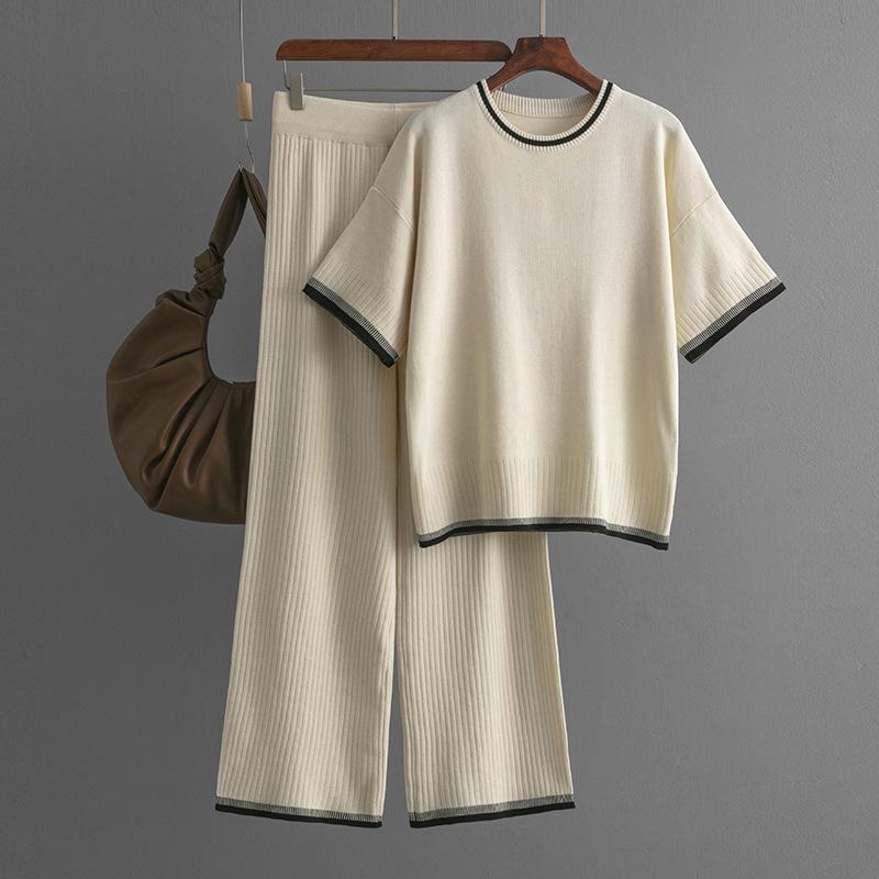 

Женские комплекты брюк, простой пригородный свитер с круглым вырезом, узкие широкие брюки, комплект из 2 предметов, женский наряд, летний свитер One Size