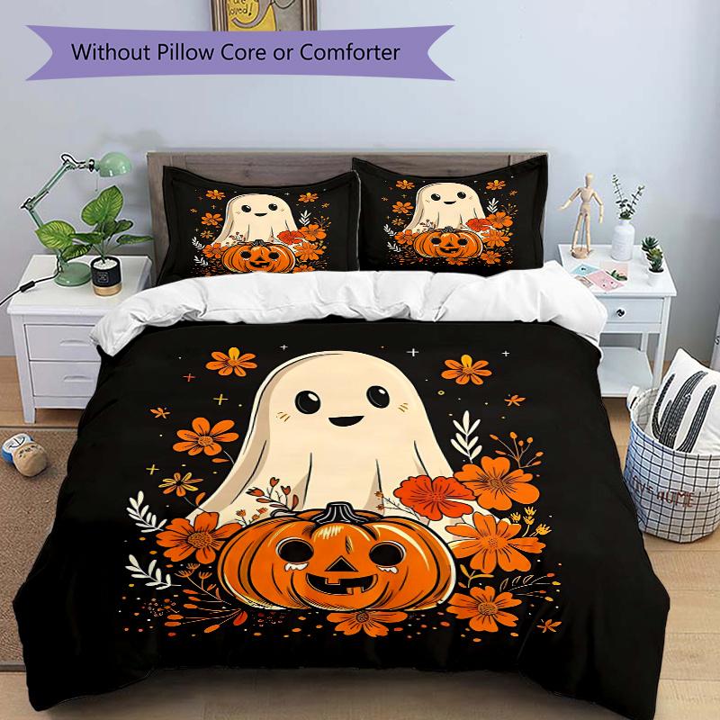 

3 шт. Мультяшный набор постельного белья на Хэллоуин с призраками и тыквами: 1 мягкий пододеяльник + 2 наволочки, подходит для всех сезонов N011 135x200cm