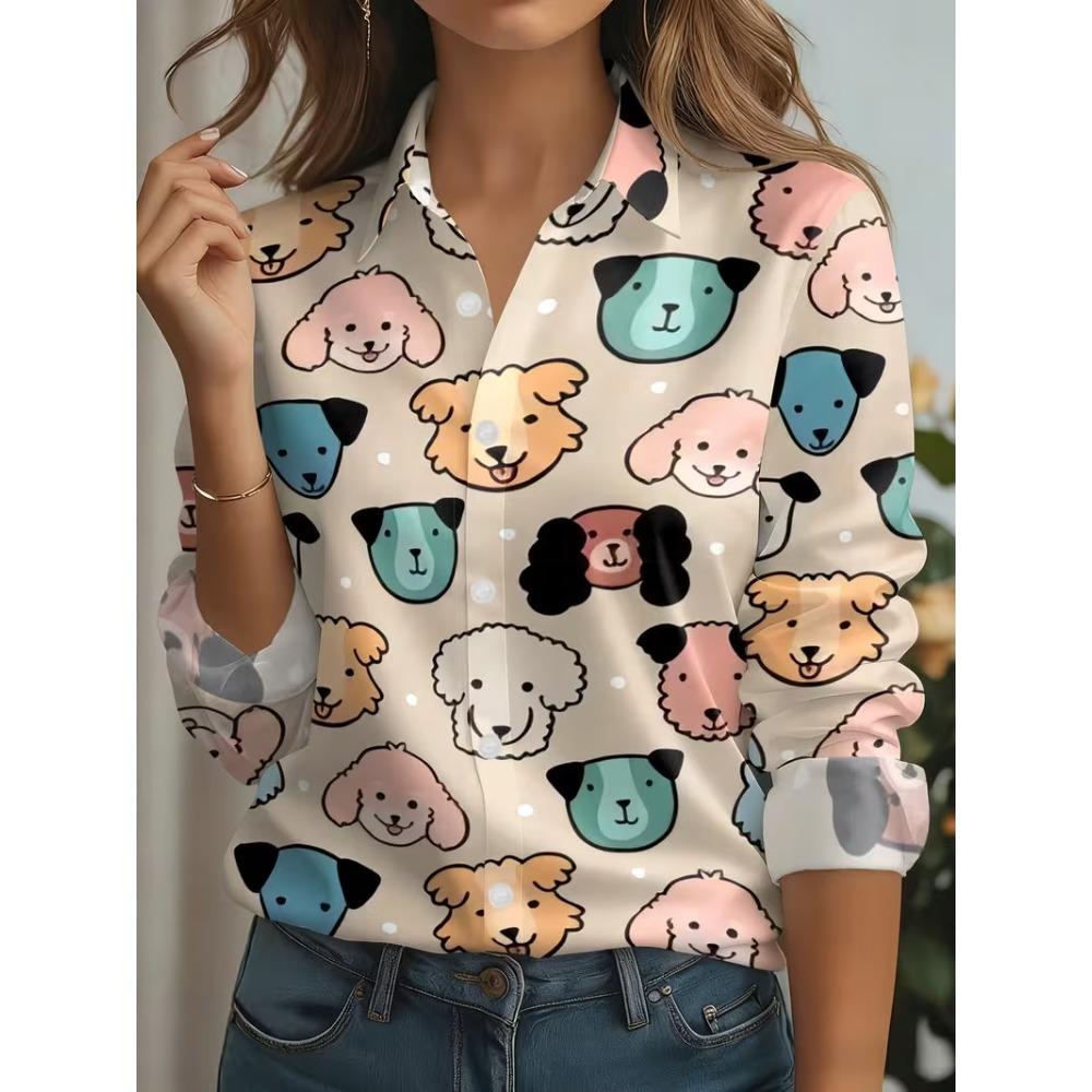 Plus Size Women's Shirt Elegant Cat Printed Spring Autumn Blouse Top