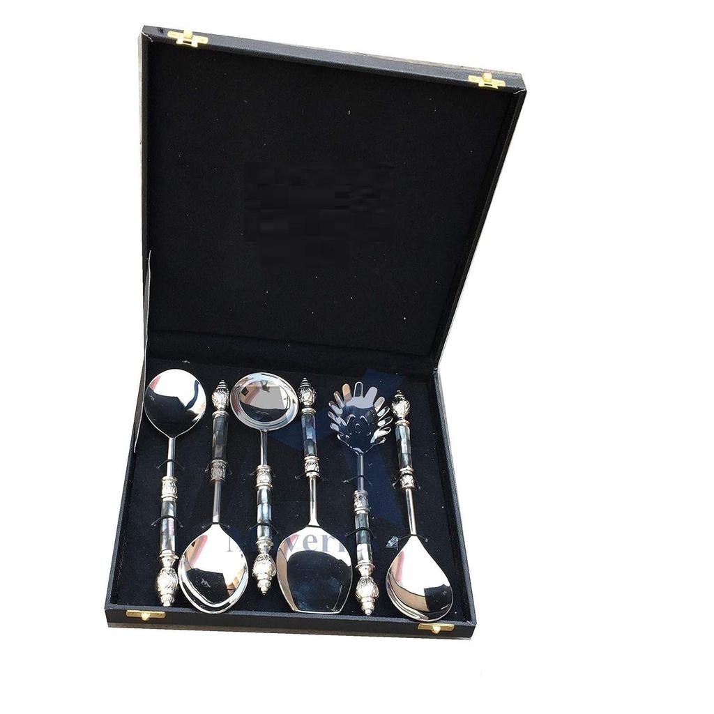 Black Mother of Pearl (MOP) with Round Emboss Aluminium Handle Serving Spoon (6 Piece)