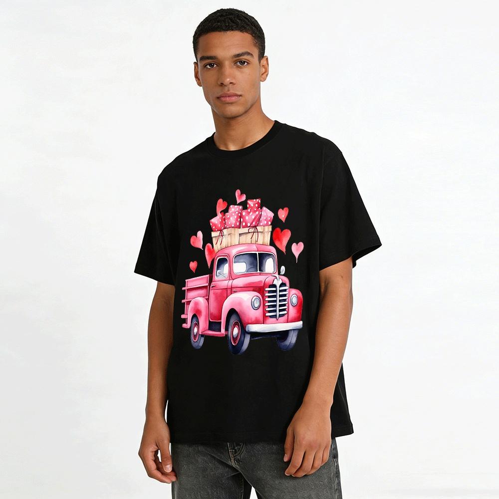 Vintage Red Heart Gift Truck Print Valentine's Day Casual Top Pure Cotton T-shirt