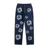 EastRogue High Street Hip Hop Streetwear Loose Fit Men's and Women's Denim Jeans with Washed Effect and Full Print of Hibiscus Flowers.