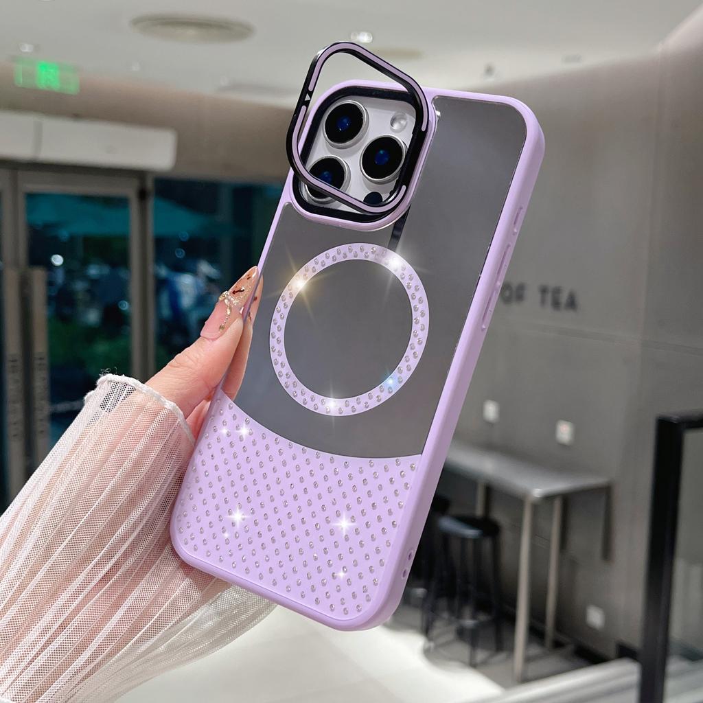 For iPhone 16 Pro Max Magnetic Case Mirror Surface TPU+PC Phone Cover with Lens Frame Kickstand