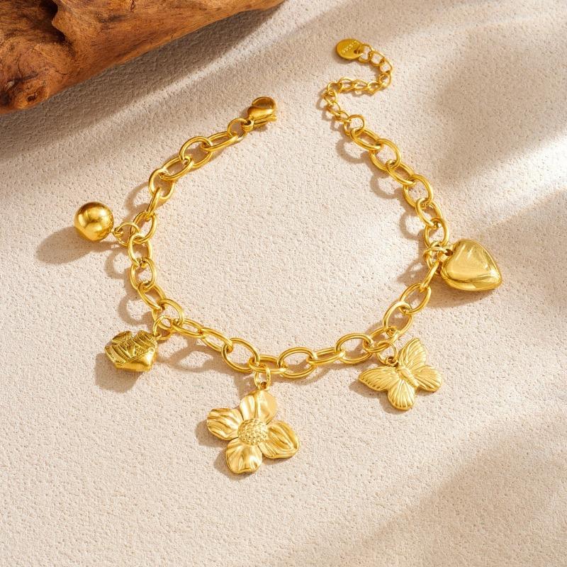 Gold Multi Charm Paperclip Chain Bracelet with Heart Butterfly and Flower