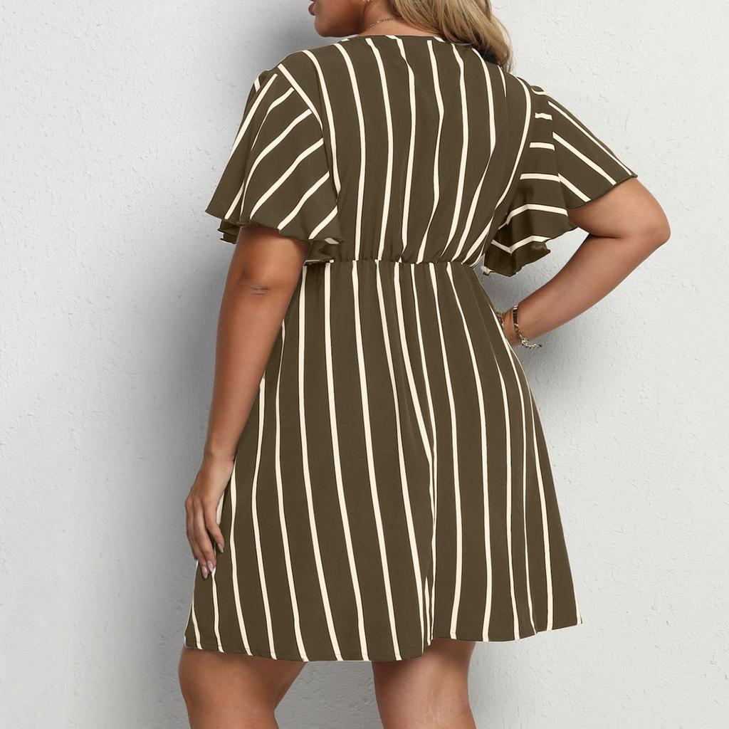 Damen Plus Size Gestreiftes V-Ausschnitt Freizeit Sommerkleid mit Kurzen Ärmeln, Fließendes A-Linien Design, Bequeme Passform