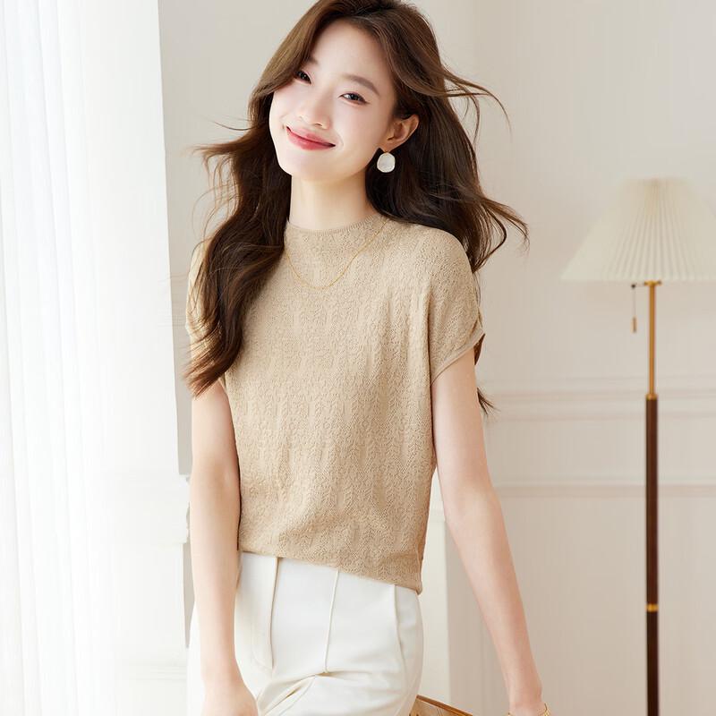 Srcr Women s 100% Mulberry Silk Jacquard Short Sleeve Knit Top L