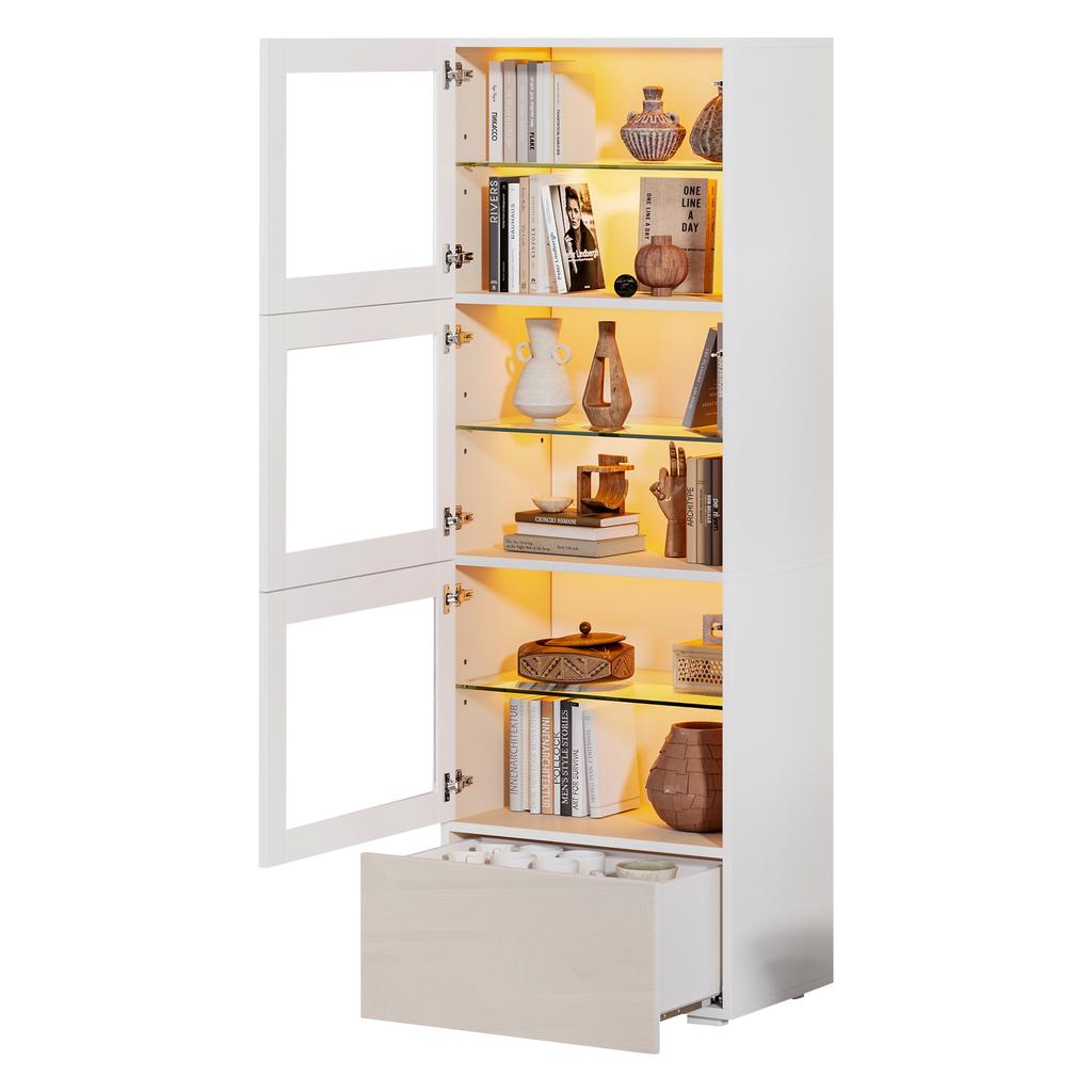 Vetrina 60*40*173cm con Porta in Acrilico, Finitura Lucida, Illuminazione LED, 3 Ripiani in Vetro, Bianco