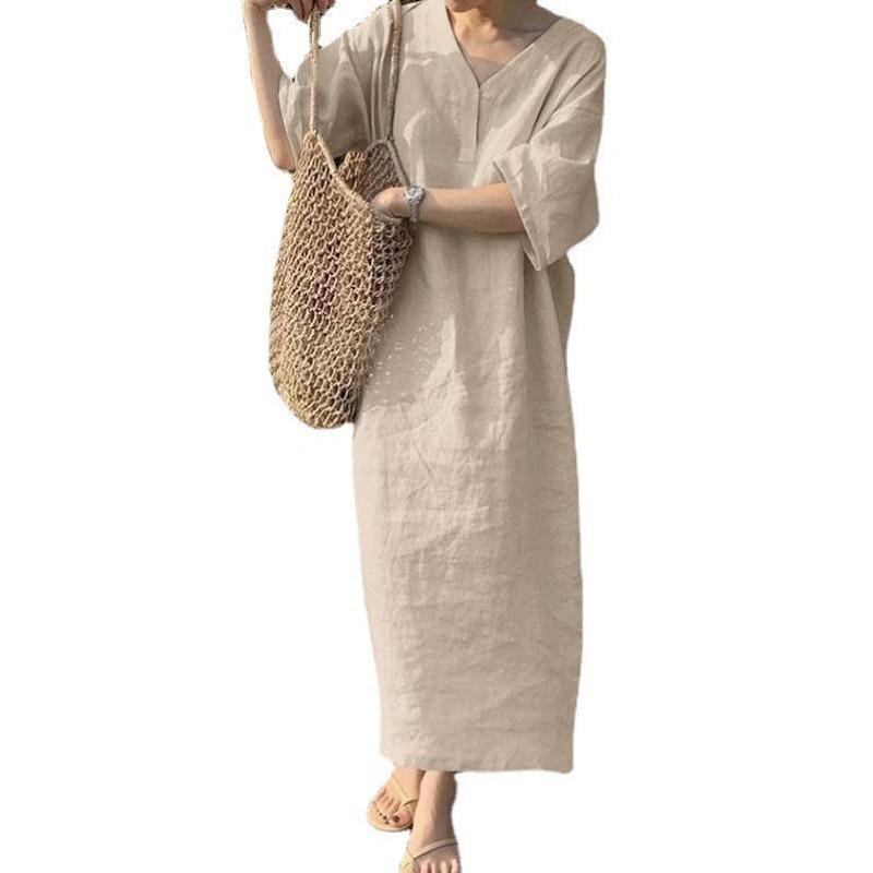 IHUASU Women's Fashion Summer Spring Solid Color Print 3/4 Sleeves V-Neck Casual Dresses Elegant