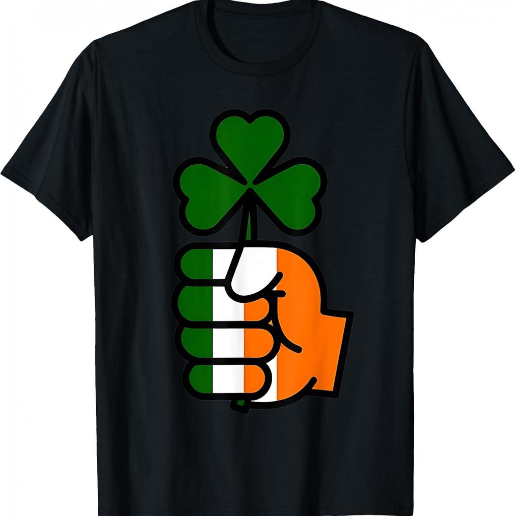 Irish Flag Fist Holding Shamrock Graphic Tee Casual Crewneck Short Sleeve Daily T-Shirt