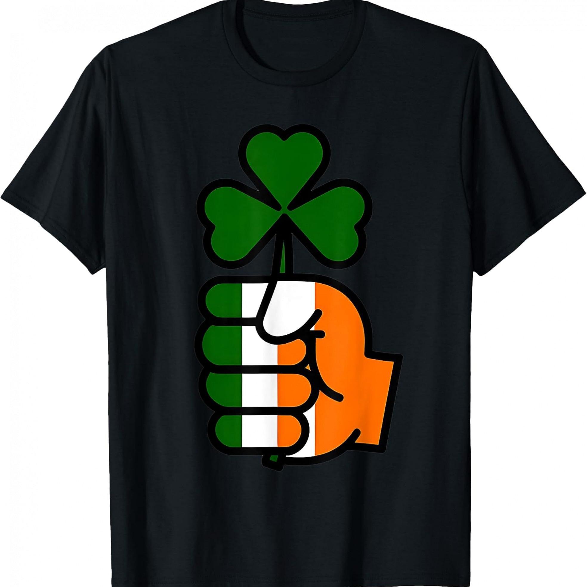 Irish Flag Fist Holding Shamrock Graphic Tee Casual Crewneck Short Sleeve Daily T-Shirt 4XL