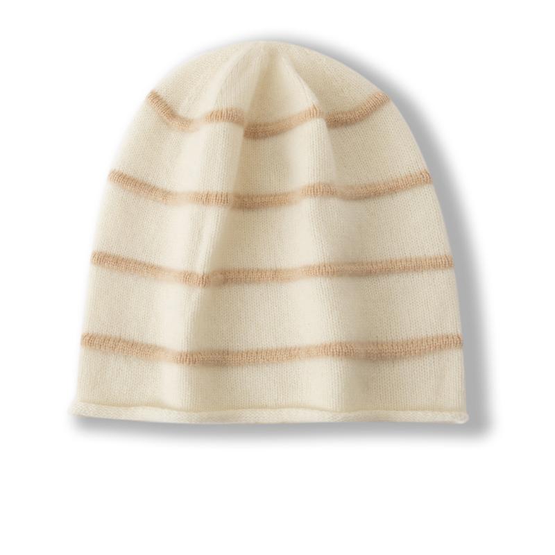 Women 100% Pure Cashmere Beanie Hat Striped Pattern Rolled Cuff Winter Warm Soft Slouchy Skullies Cap Cold Weather Accessory
