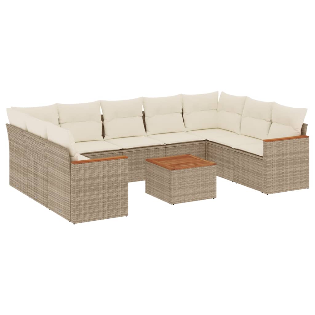 10 piece Garden Sofa Set with Cushions Beige Poly Rattan