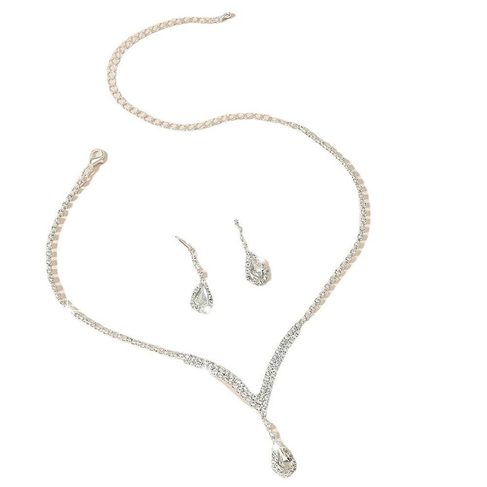 Water Drop Pendant Necklace And Earrings Set With Rhinestones For Elegant Bridal And Formal Wear