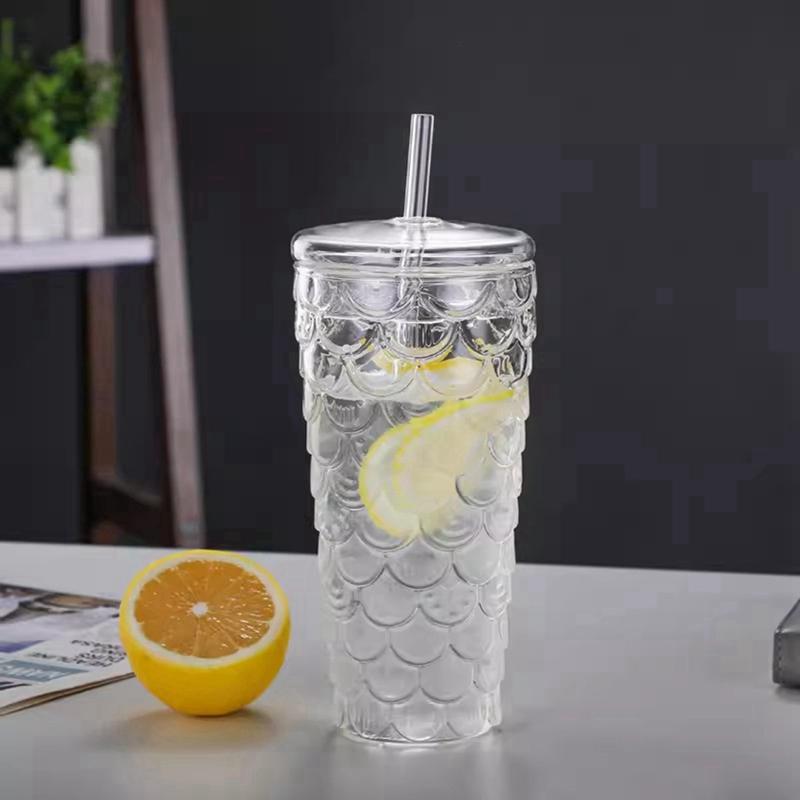 Fish Scale Pattern Non-slip Glass Straw Cup Glass Cups with Lids and Straws Ripple Glassware For Hot and Cold Drinks