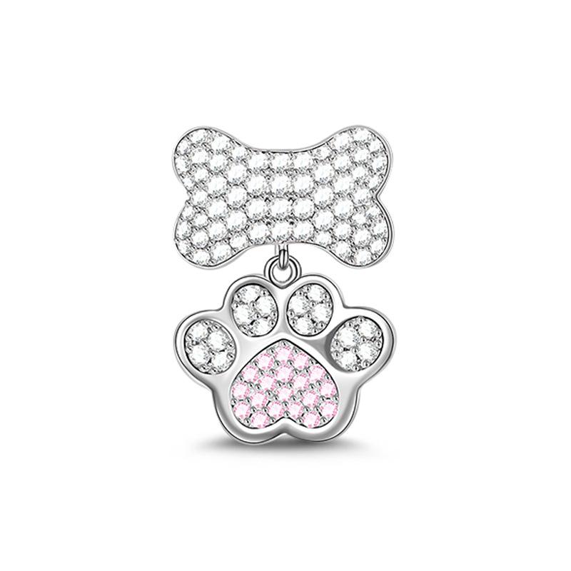 S925 Silver Fashion Animal Paw Print Heart Shaped Bead Pendant DIY Bracelet Jewelry Accessory with Zircon