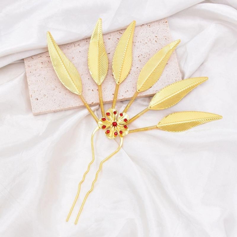Alloy Peacocks Leaf Hair Stick Hairpieces with Rhinestones Thai Ethnic Hair Ornament Daily Hairstyle Embellishment