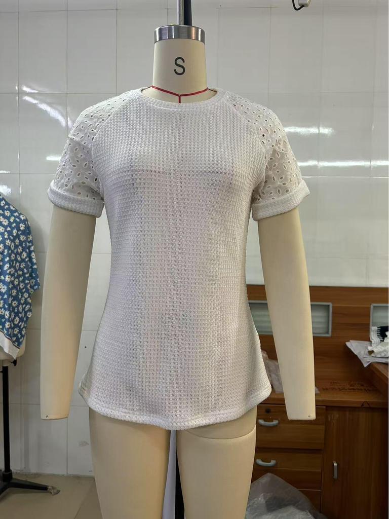2025 Lace Spliced Round Neck Short Sleeve Women's T-Shirt
