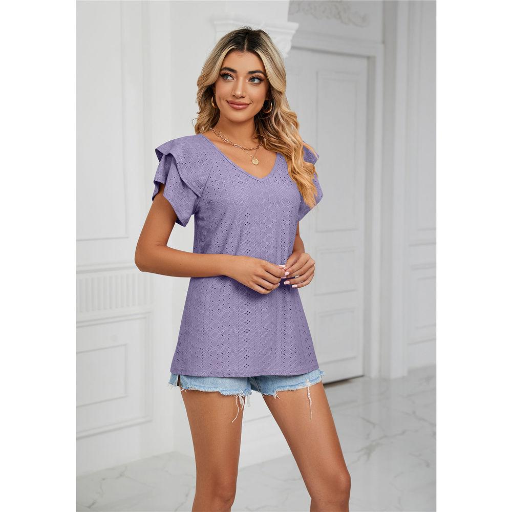 Womens Summer Eyelet Tops V Neck Double Ruffle Sleeve Casual Blouse Shirts Loose Fit Tops