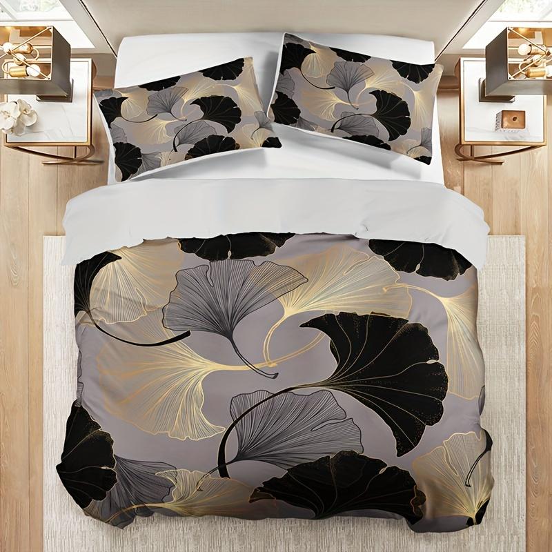 Leaf Patern Soft with Soft Fabric Duvet Cover Set Machine Washable Digital Print Al-Season Beding Set featuring 2 Pilowcases Elegant Home Decor