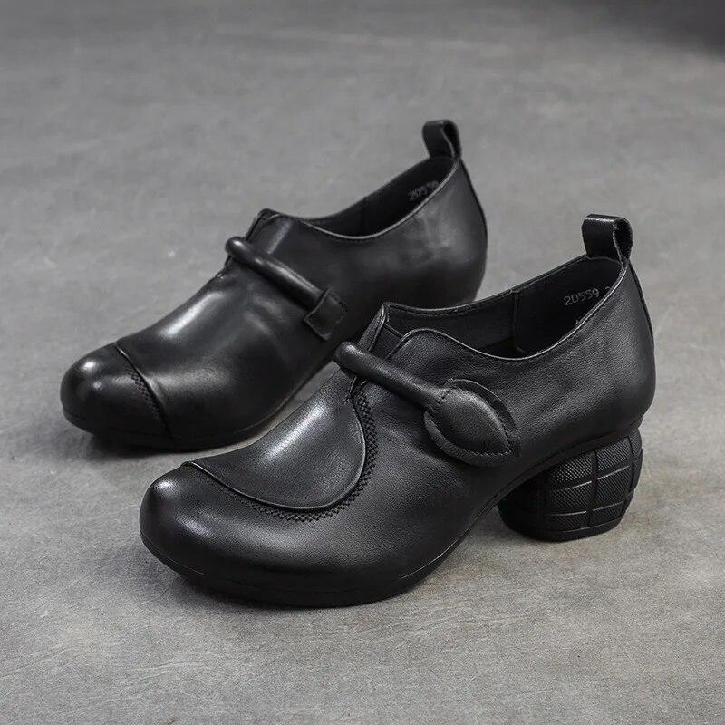 

Туфли Johnature из натуральной кожи, универсальные женские туфли на высоком каблуке с круглым носком в стиле ретро, ​​на мягкой подошве 37 чёрный