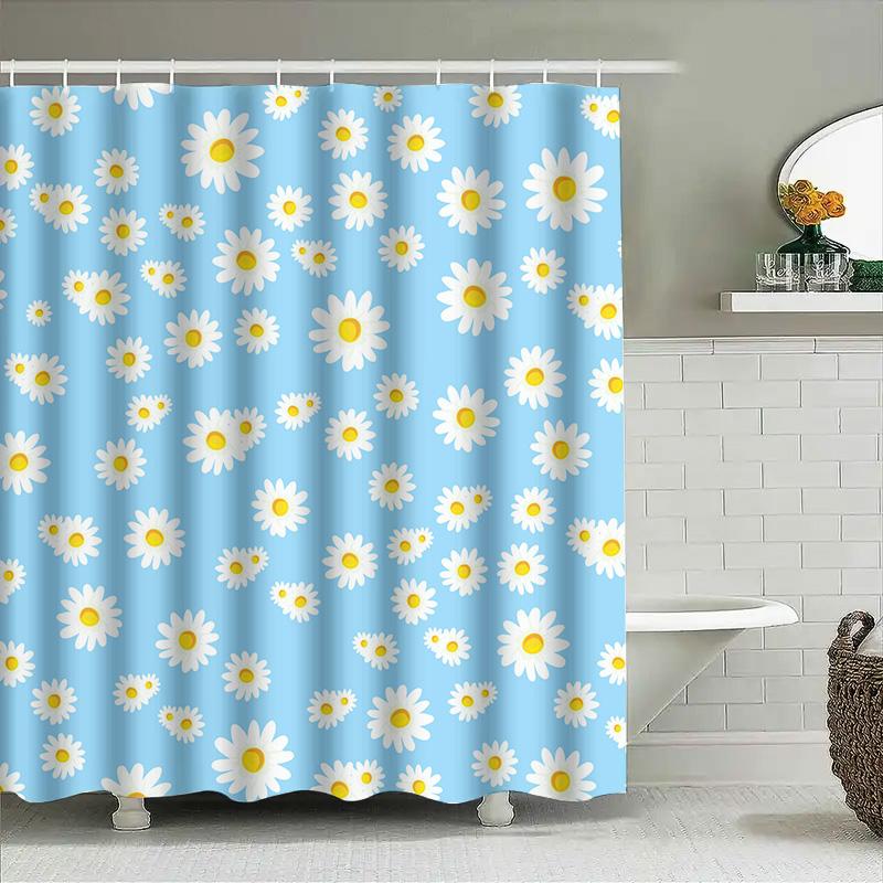 Blue Bath Mat With Yellow Daisies Pattern: Floral Decor Shower Curtain For Bathroom Accessories Decoration Waterproof Fabric Sho