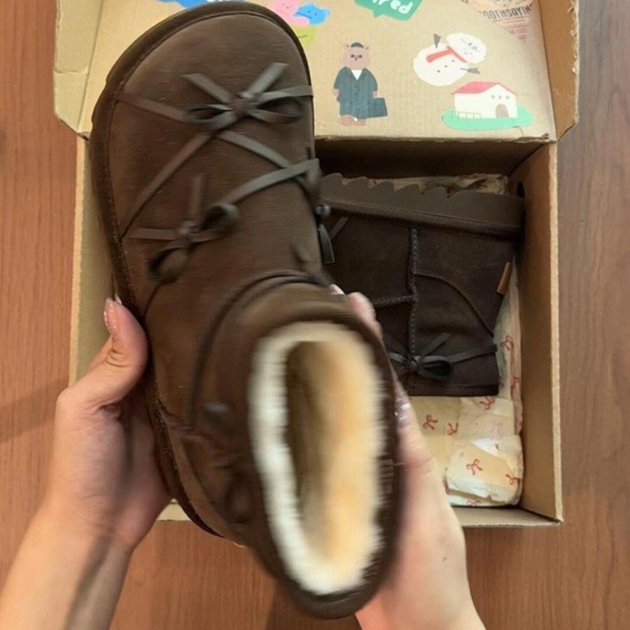 New Winter Women's Boots with Butterfly Knot, Coffee Color,Flat Platform Snow Boots Short Tube Warm Woolen Boots
