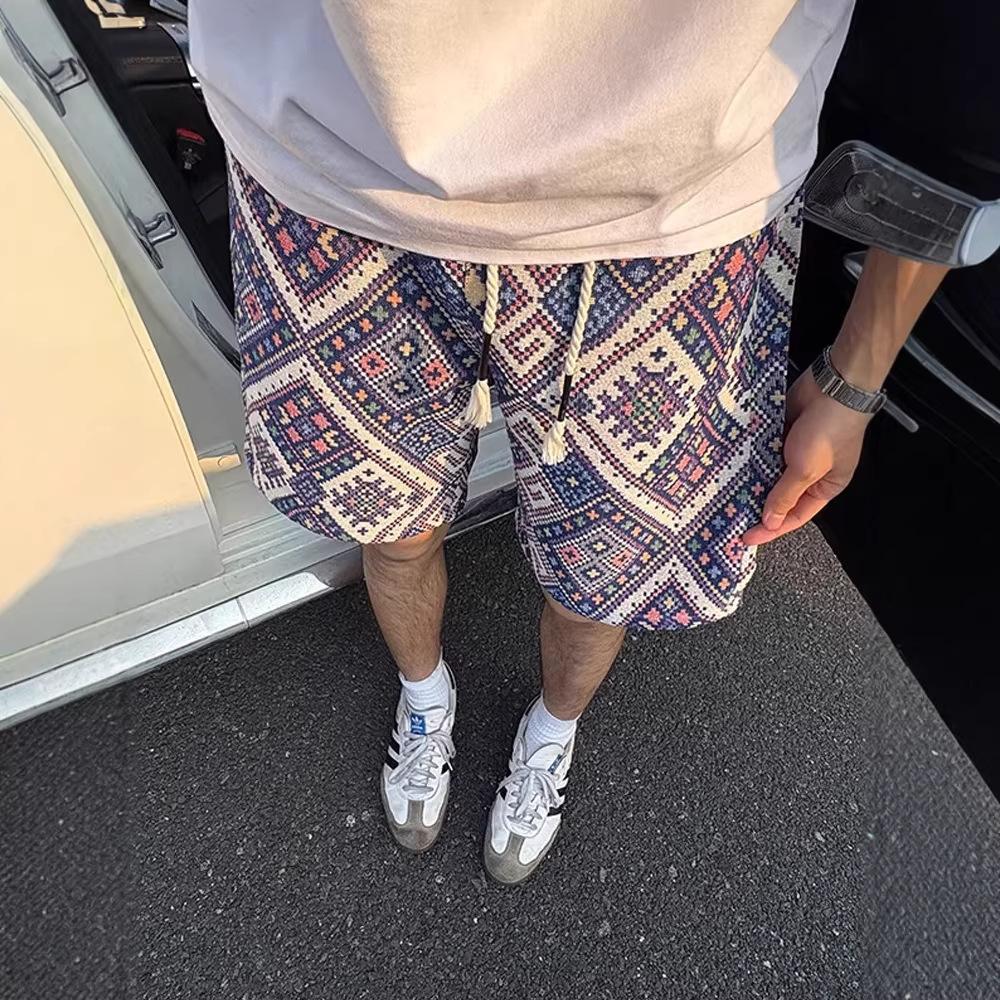 Color rhombus grid knitted jacquard shorts men's summer ethnic style American sports four-and-five pants
