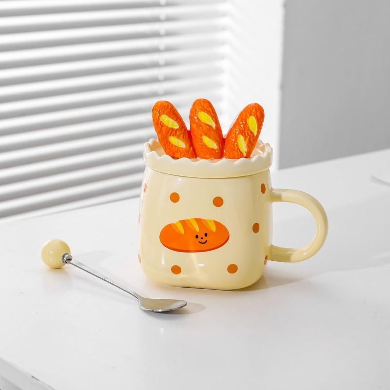 Japanese Creative Ceramic Mug Bread Bag Cup Couple Cup Water Cup with Lid Spoon Coffee Cup Breakfast Milk Cup