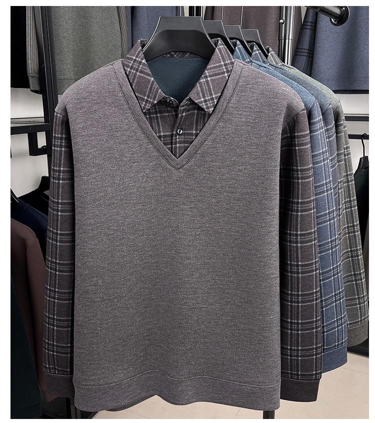 Men's Winter Knit Shirt with Velvet Thickened Layer and Collar