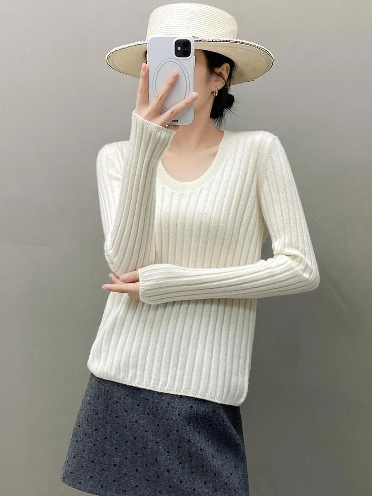 Autumn & Winter European Soft Cashmere U-neck Women's Sweater with Vertical Stripes