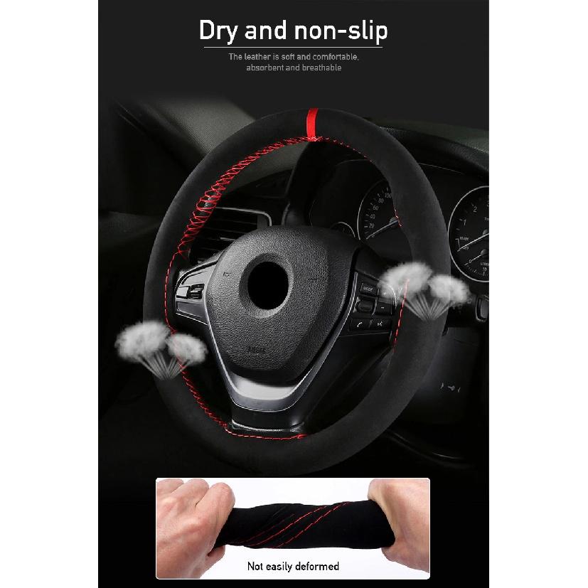 SEAMETAL Braid Steering Wheel Cover Premium Suede Anti Slip Breathable Steering Cover Anti Scratch 37-39CM Steer Wheel Protector