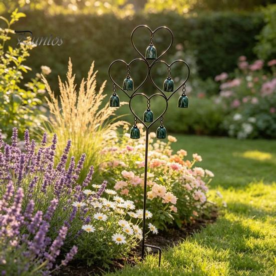 Unique Garden Art Vintage Metal Stakes, Heart Shaped Wind Chimes Stake Decor, Whimsical Lawn Sculptures Rustproof Gardens Stakes for Outdoor