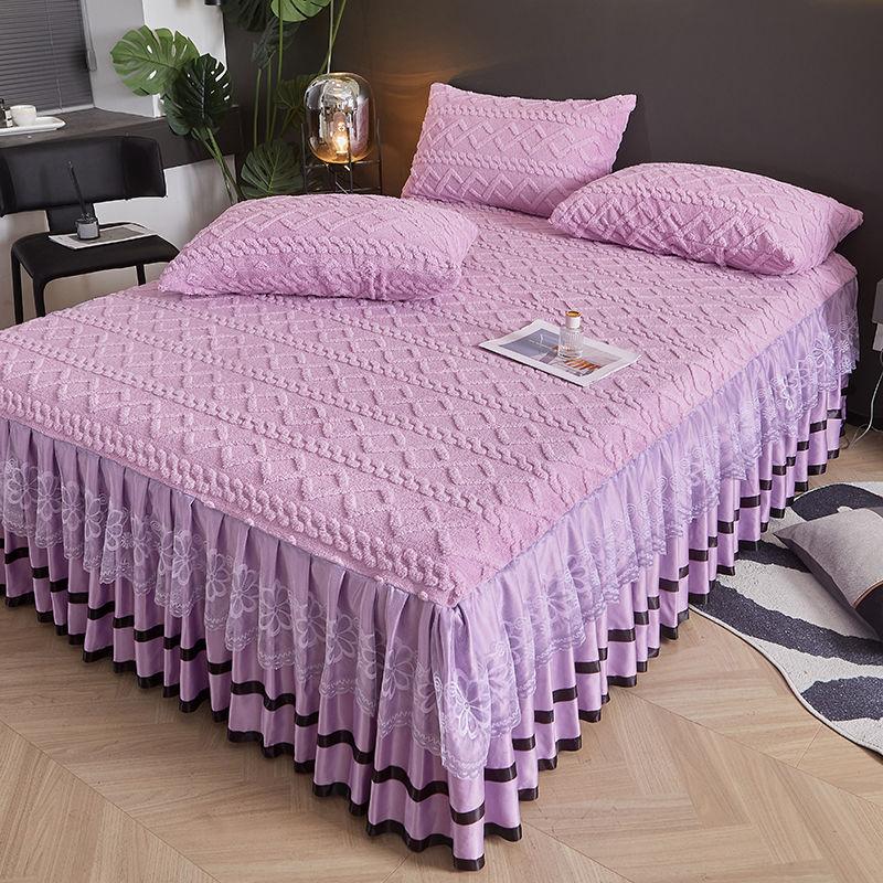 3-teiliges Bettrock-Set, verdicktes Korallenfleece-Spannbettlaken, Bettdecke einteilig Flanell All-inclusive rutschfester Bezug