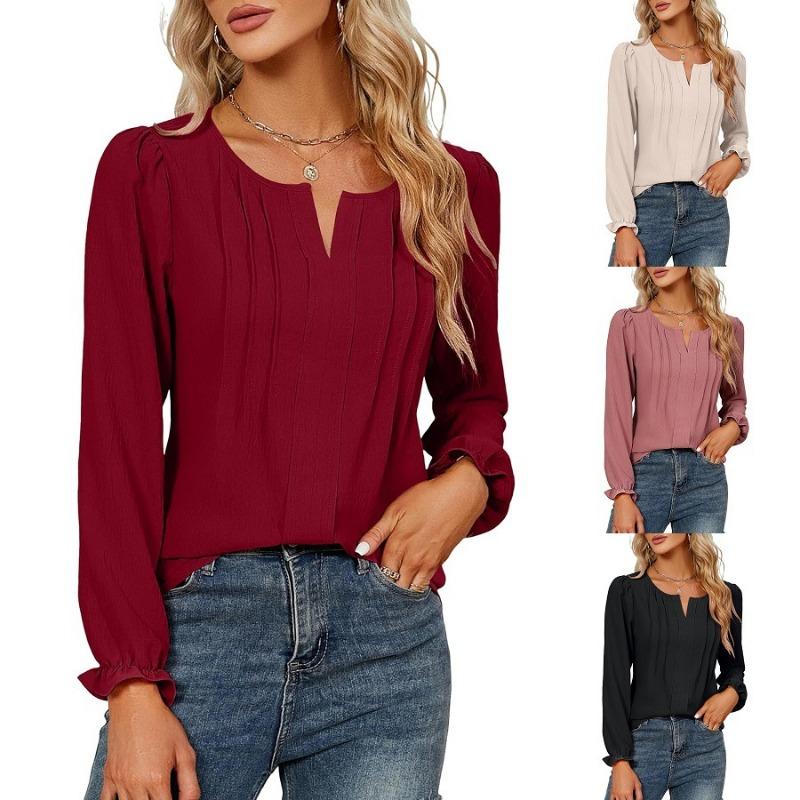 Damen Freizeit Einfarbige V-Ausschnitt Langarm Puffärmel Chiffon Bluse Top