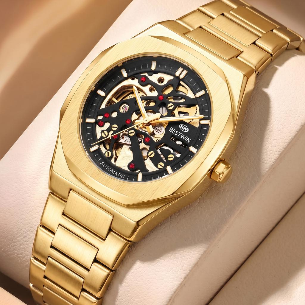 Automatic Mechanical Watches for Men Skeleton Hollow Dial Luminous Wrist Watch Steel Strap Square Case Watch Waterproof