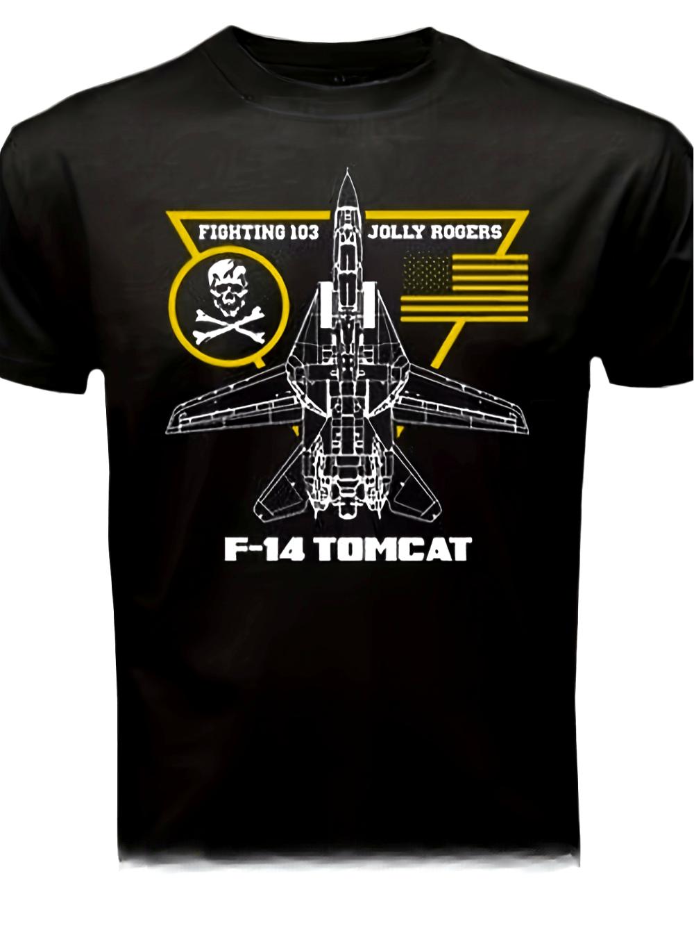 Unisexs F14 Tomcat Fighting 103 Jolly Rogers Squadron Aviation TShirt Oversized Black Tee with Navy Blue Golden Naval Insignia S